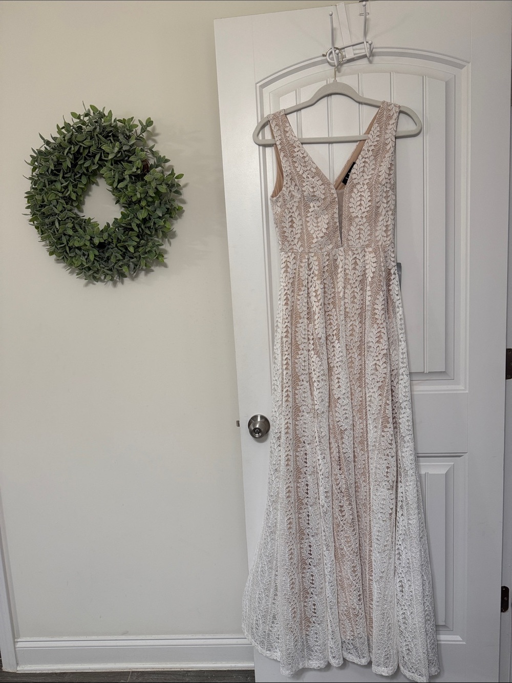 LuLus Lace Maxi Dress in Ivory and Nude